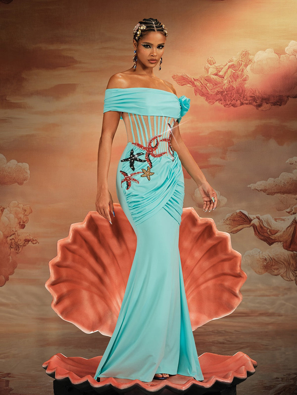 Off Shoulder Starfish Applique Sheer Corset Ruched Column Maxi Gown