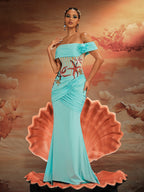 Off Shoulder Starfish Applique Sheer Corset Ruched Column Maxi Gown