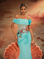 Off Shoulder Starfish Applique Sheer Corset Ruched Column Maxi Gown