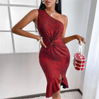 Sequin One Shoulder Twist Waist Ruched Ruffle Hem Bodycon Midi Dress
