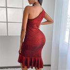 Sequin One Shoulder Twist Waist Ruched Ruffle Hem Bodycon Midi Dress