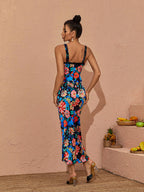 Alaska V Neck Floral Printed Midi Dress In Black