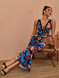 Alaska V Neck Floral Printed Midi Dress In Black