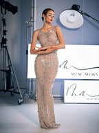 Rhinestone Jewel Embellished Scoop Neck Sleeveless Bodycon Maxi Dress
