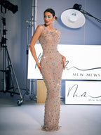 Rhinestone Jewel Embellished Scoop Neck Sleeveless Bodycon Maxi Dress