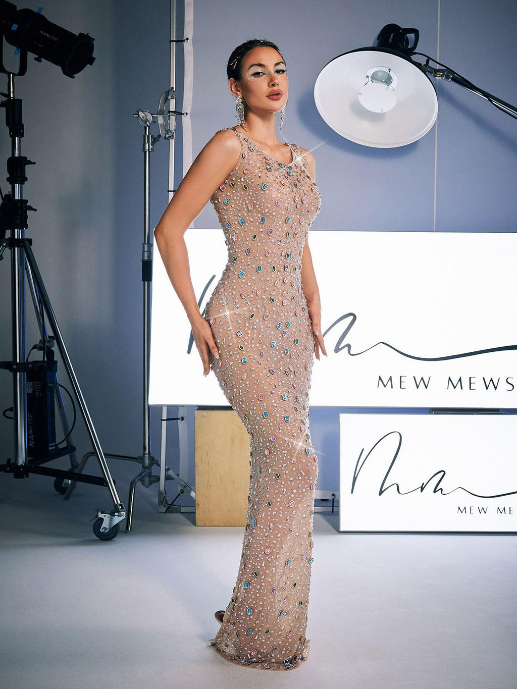 Rhinestone Jewel Embellished Scoop Neck Sleeveless Bodycon Maxi Dress