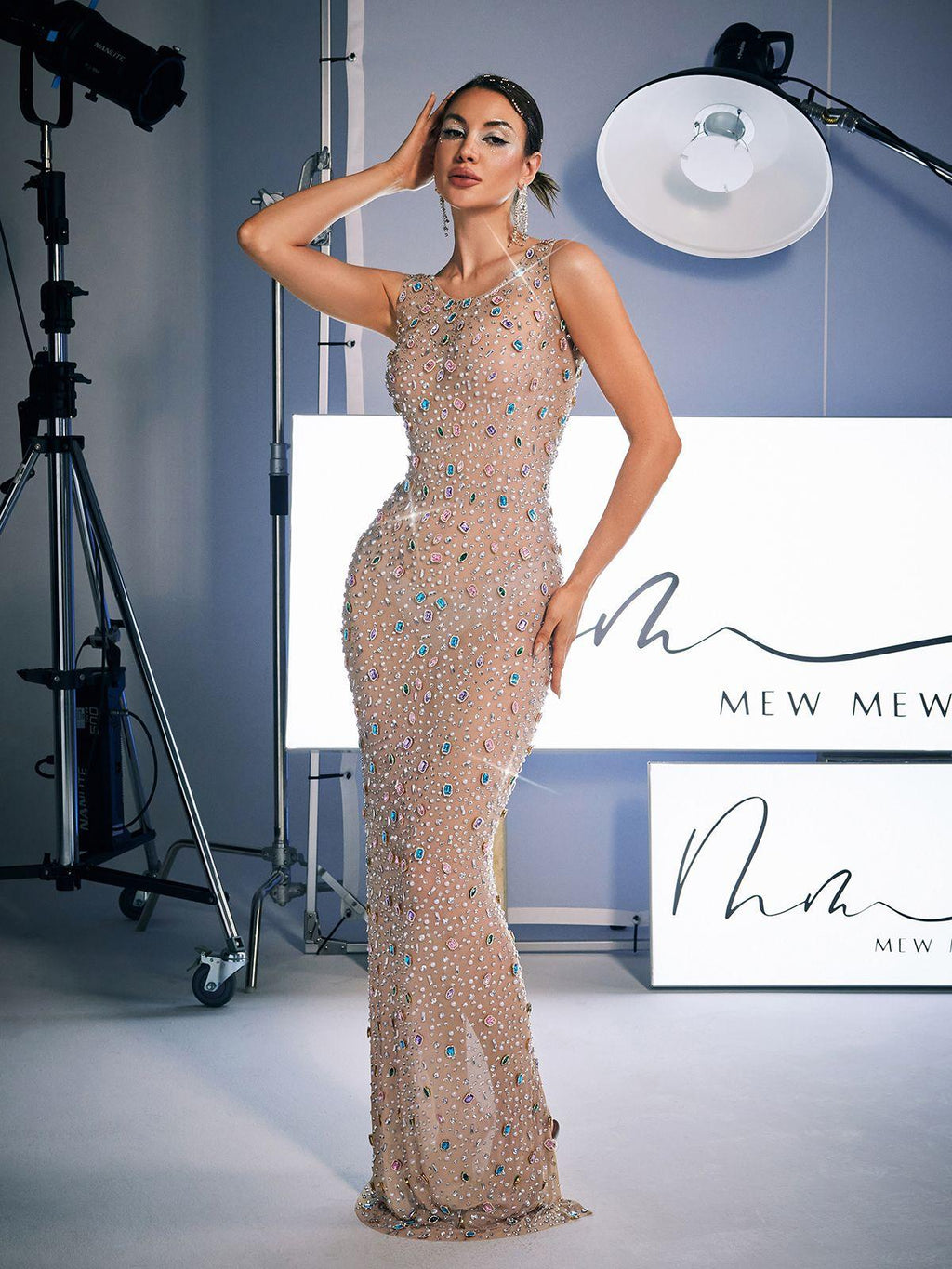 Rhinestone Jewel Embellished Scoop Neck Sleeveless Bodycon Maxi Dress
