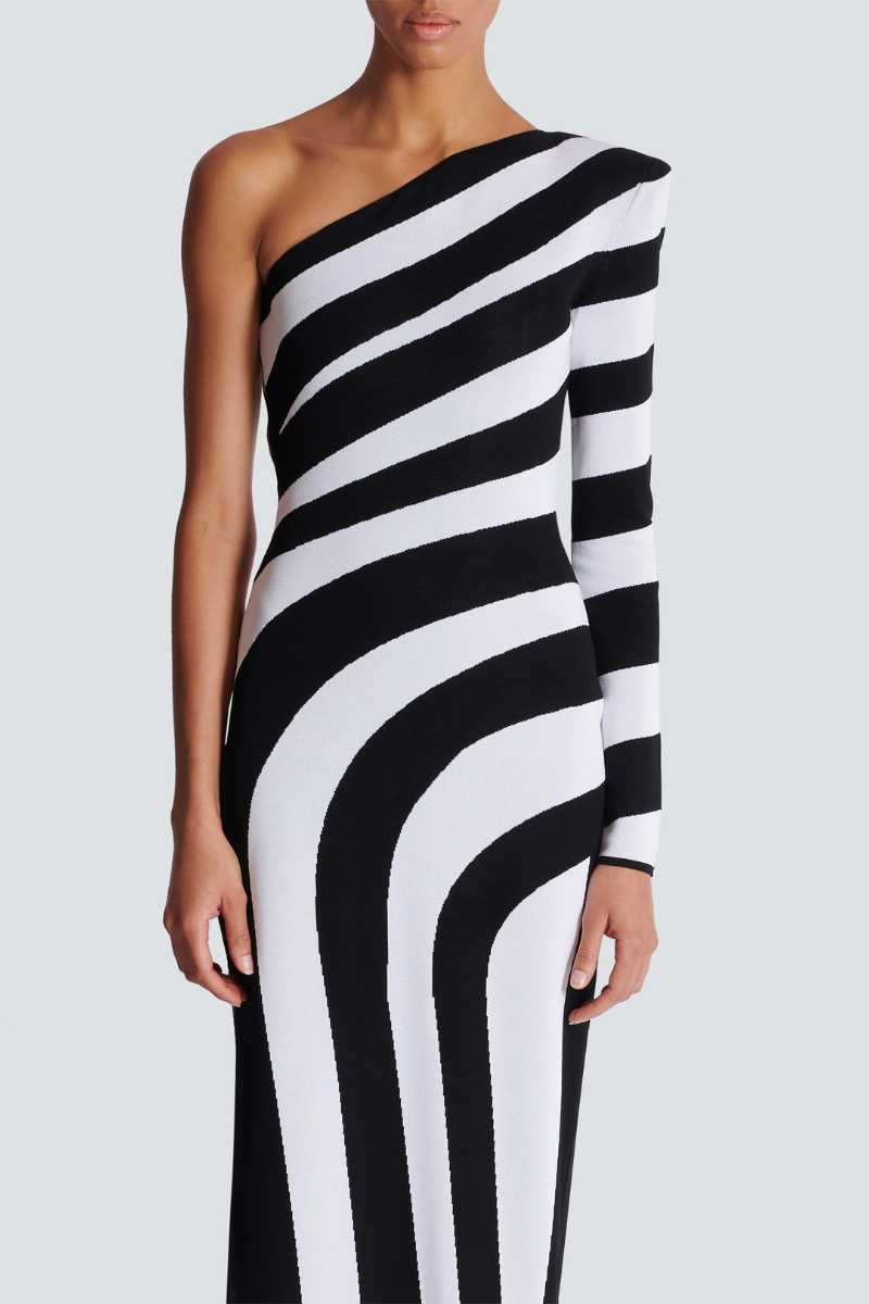 Isabel Exclusive One Shoulder Slit, Asymmetric Striped Maxi Dress Designer Edit