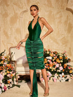 Satin Halter Neck Deep V-Neck Ladder Cut Out Ruched Midi Dress