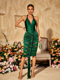 Satin Halter Neck Deep V-Neck Ladder Cut Out Ruched Midi Dress