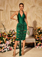 Satin Halter Neck Deep V-Neck Ladder Cut Out Ruched Midi Dress