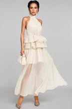 Minnk Apricot Halter Ruffle Maxi Dress