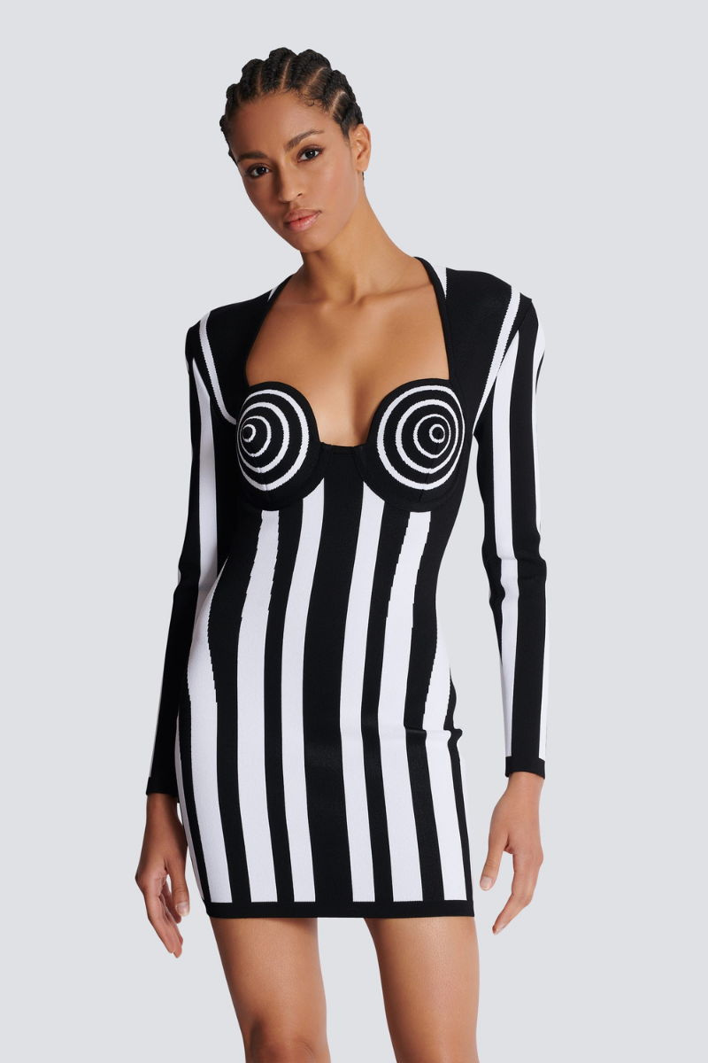 Karla Chic Long Sleeved Striped Mini Knit Dress Elevated Occasion Wear