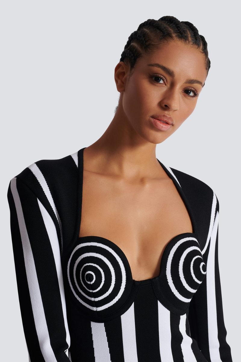 Karla Chic Long Sleeved Striped Mini Knit Dress Elevated Occasion Wear