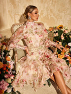 High Neck Puff Sleeve Belted Tiered High-Low Midi Dress