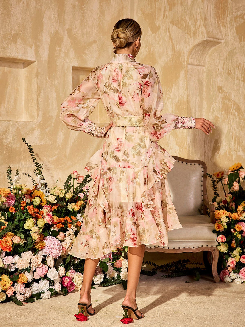 High Neck Puff Sleeve Belted Tiered High-Low Midi Dress