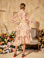High Neck Puff Sleeve Belted Tiered High-Low Midi Dress