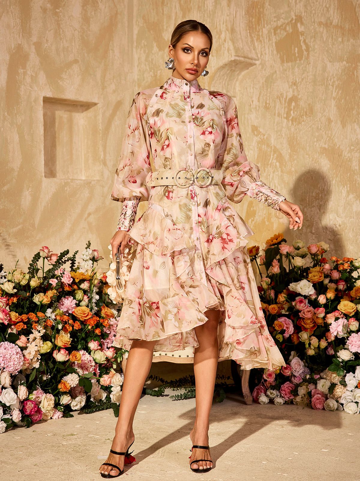 High Neck Puff Sleeve Belted Tiered High-Low Midi Dress