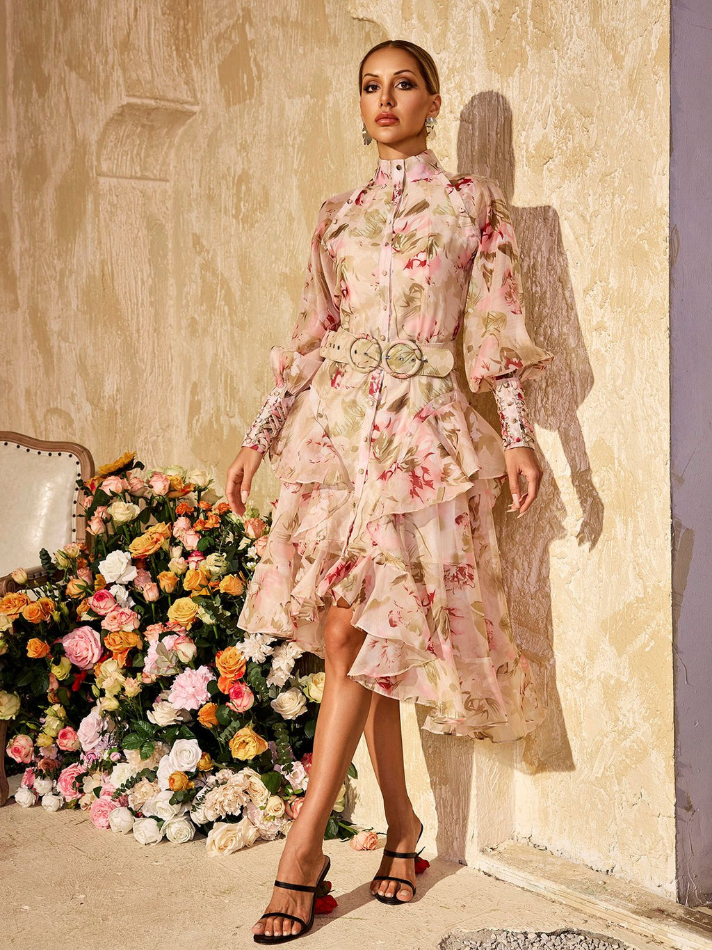 High Neck Puff Sleeve Belted Tiered High-Low Midi Dress
