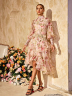 High Neck Puff Sleeve Belted Tiered High-Low Midi Dress
