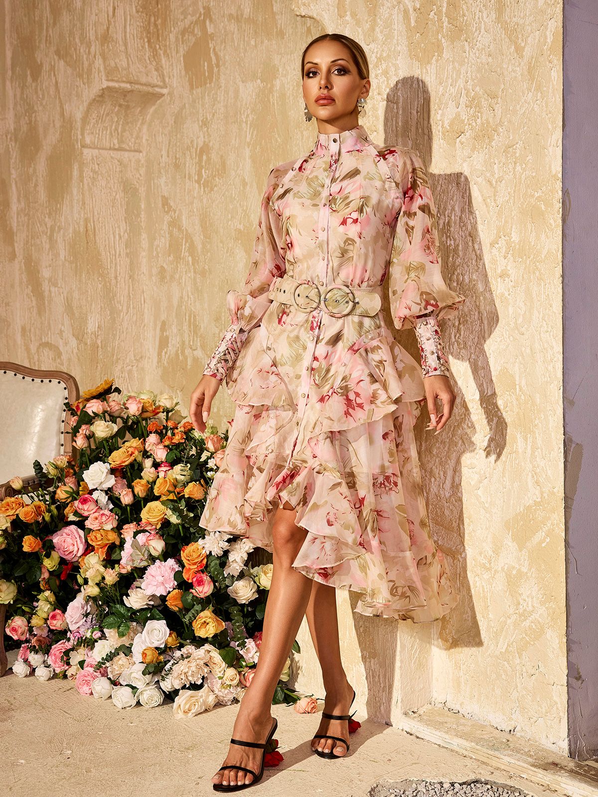 High Neck Puff Sleeve Belted Tiered High-Low Midi Dress
