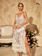 Spaghetti Strap Floral Lace Ruffle Trim Tiered Midi Dress