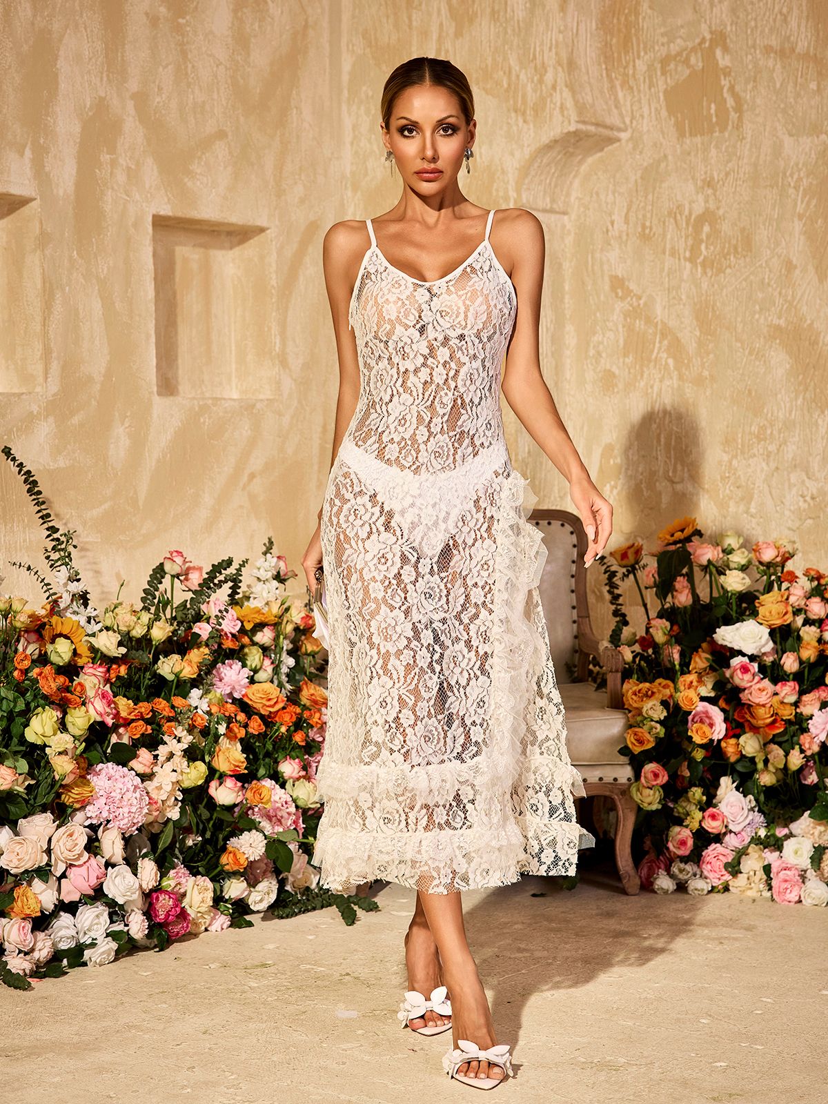 Spaghetti Strap Floral Lace Ruffle Trim Tiered Midi Dress