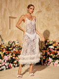 Spaghetti Strap Floral Lace Ruffle Trim Tiered Midi Dress