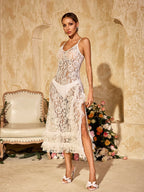 Spaghetti Strap Floral Lace Ruffle Trim Tiered Midi Dress