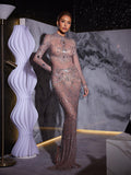 Sheer Mesh Rhinestone Fringe Mock Neck Column Maxi Gown