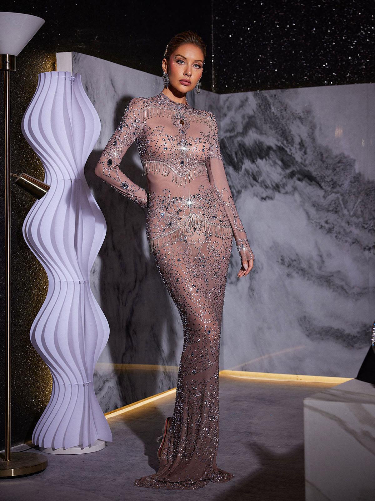 Sheer Mesh Rhinestone Fringe Mock Neck Column Maxi Gown
