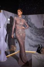 Sheer Mesh Rhinestone Fringe Mock Neck Column Maxi Gown