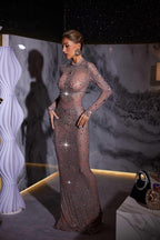 Sheer Mesh Rhinestone Fringe Mock Neck Column Maxi Gown