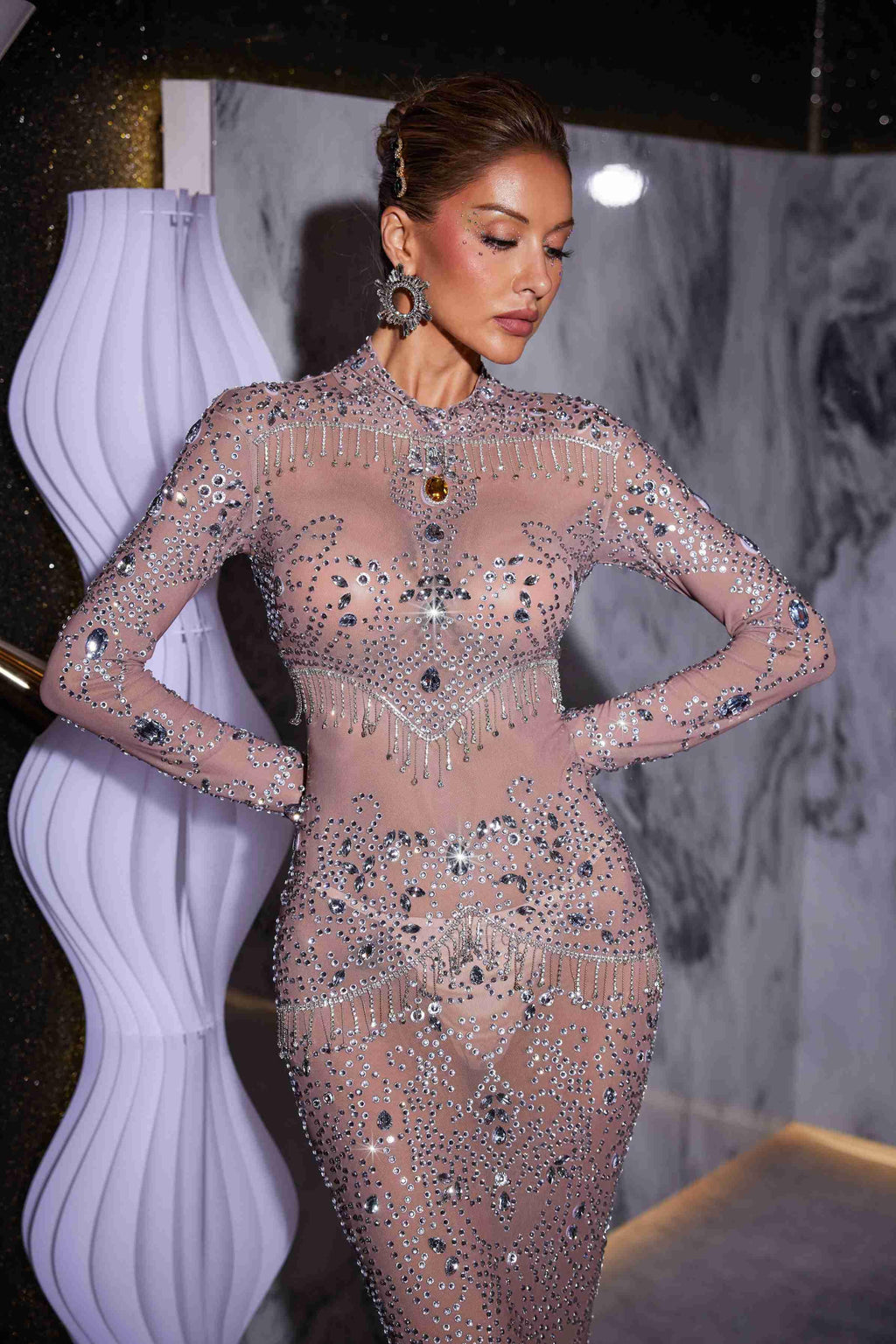 Sheer Mesh Rhinestone Fringe Mock Neck Column Maxi Gown