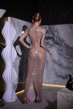 Sheer Mesh Rhinestone Fringe Mock Neck Column Maxi Gown