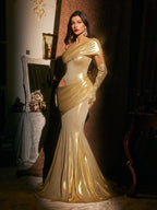 One Shoulder Metallic Illusion Mesh Cutout Mermaid Gown