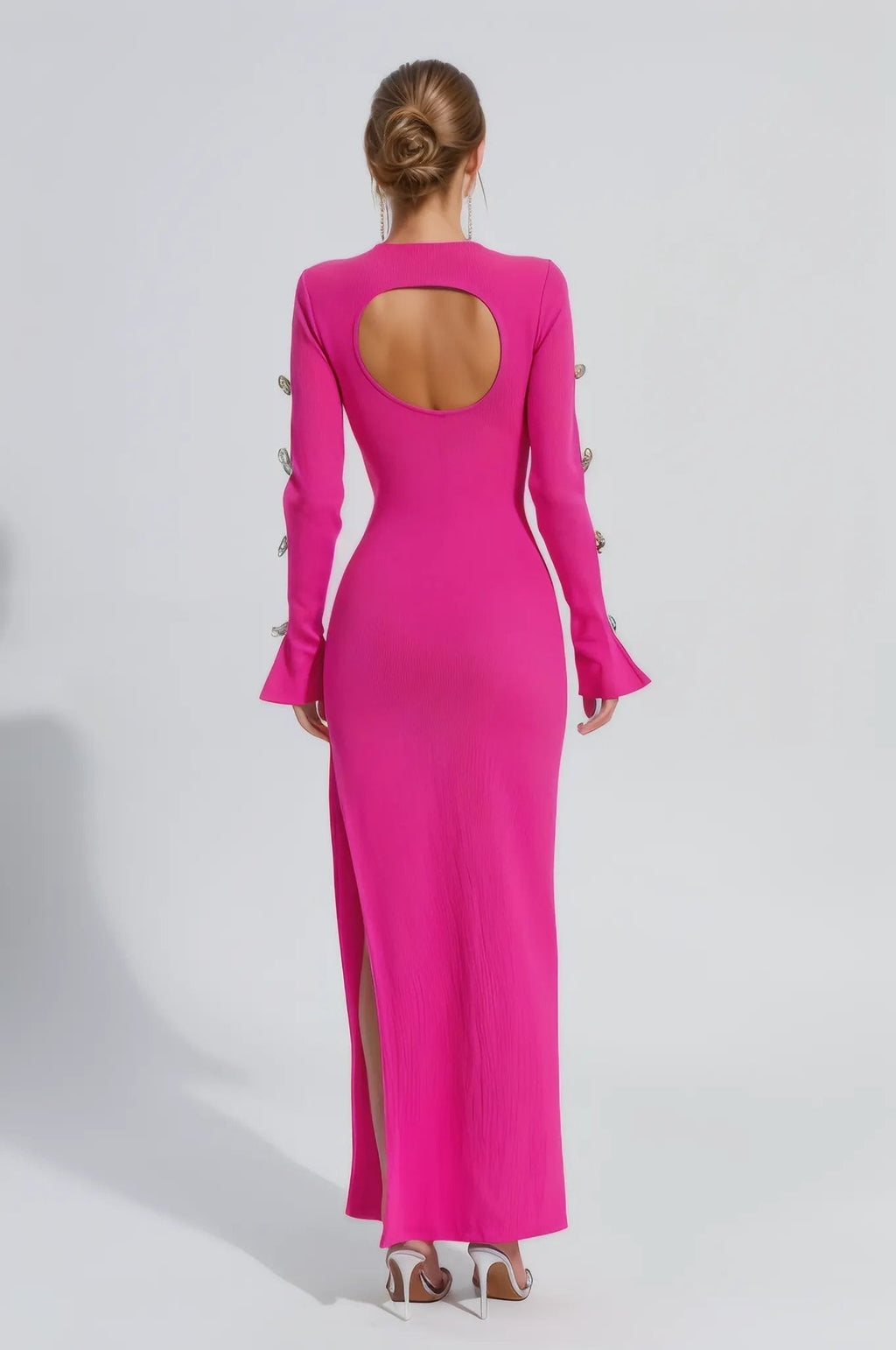 Alyssa Rhinestone Gown Dress with Bandage Long Sleeves and Cut Outs