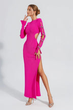 Alyssa Rhinestone Gown Dress with Bandage Long Sleeves and Cut Outs