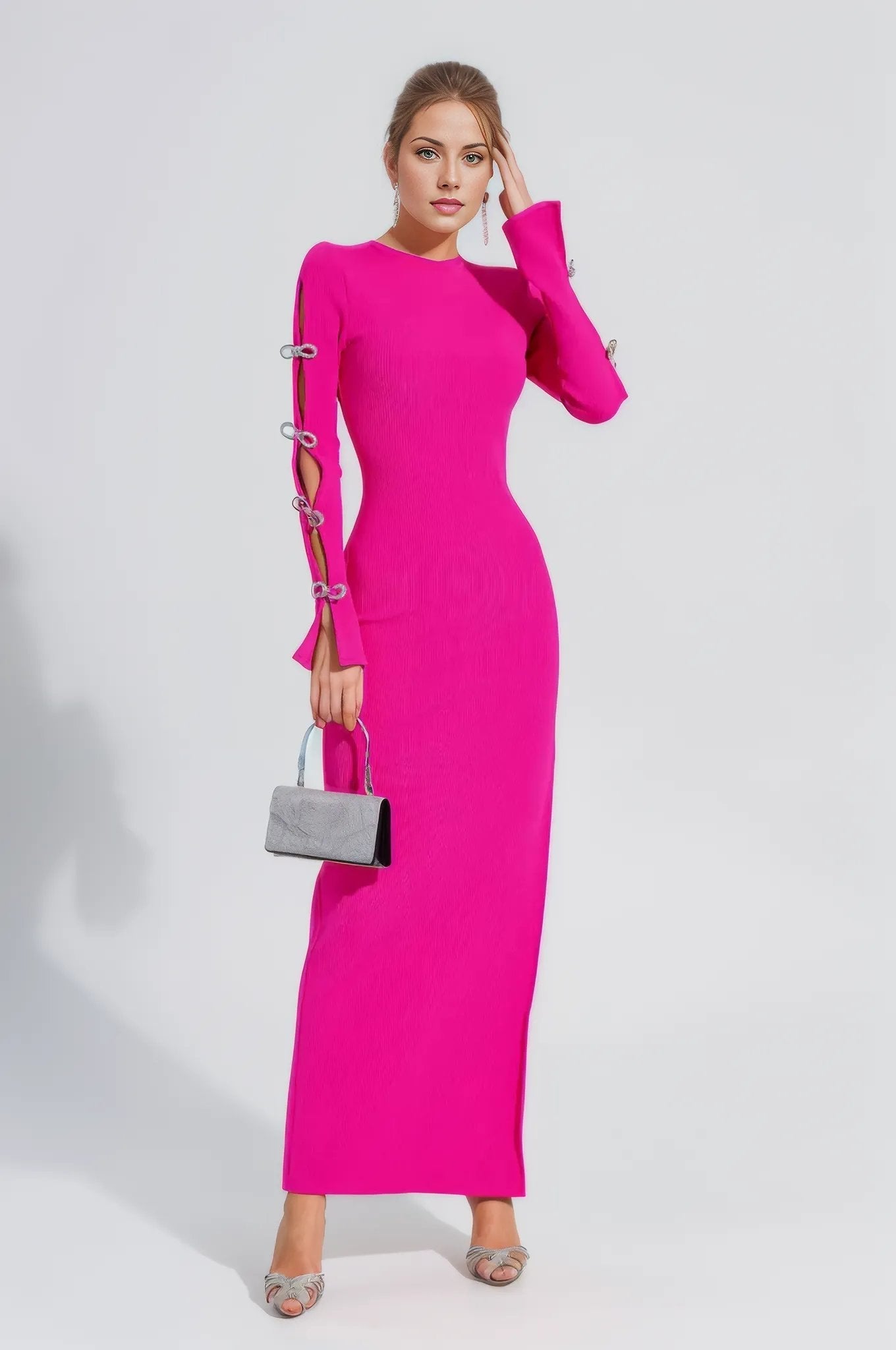 Alyssa Rhinestone Gown Dress with Bandage Long Sleeves and Cut Outs