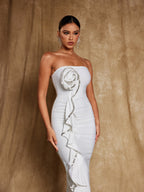 Strapless Rosette Applique Rhinestone Trim Cascade Ruffle Bandage Midi Dress