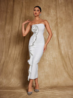 Strapless Rosette Applique Rhinestone Trim Cascade Ruffle Bandage Midi Dress
