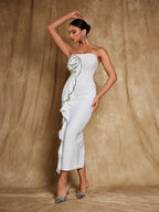 Strapless Rosette Applique Rhinestone Trim Cascade Ruffle Bandage Midi Dress