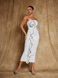 Strapless Rosette Applique Rhinestone Trim Cascade Ruffle Bandage Midi Dress
