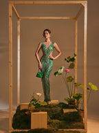 Rhinestone Wave Print Illusion Mesh Column Maxi Gown