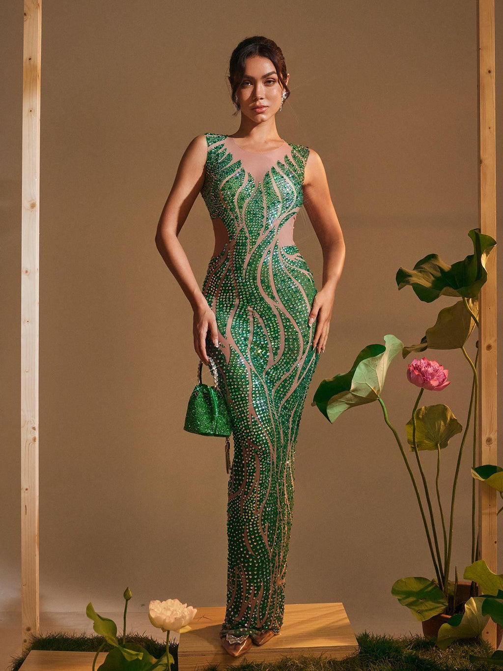 Rhinestone Wave Print Illusion Mesh Column Maxi Gown