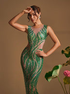 Rhinestone Wave Print Illusion Mesh Column Maxi Gown