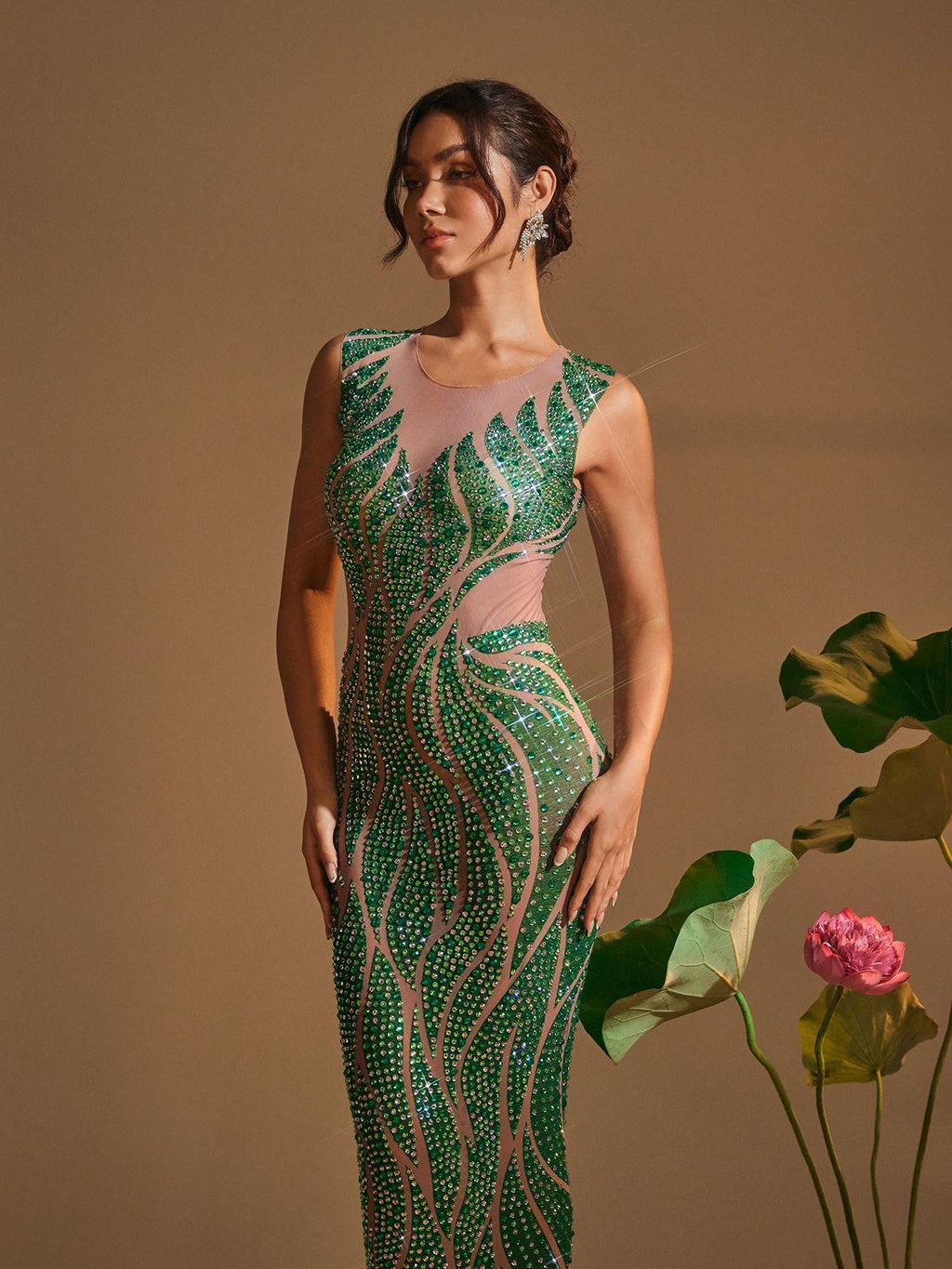 Rhinestone Wave Print Illusion Mesh Column Maxi Gown