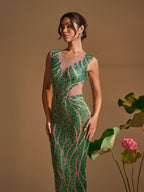 Rhinestone Wave Print Illusion Mesh Column Maxi Gown