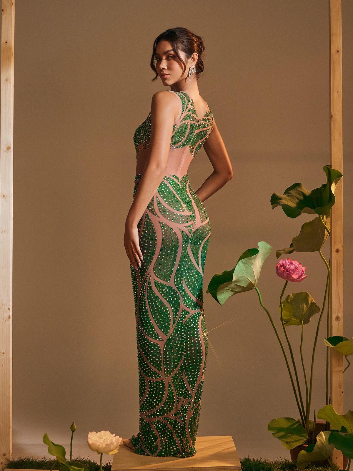 Rhinestone Wave Print Illusion Mesh Column Maxi Gown
