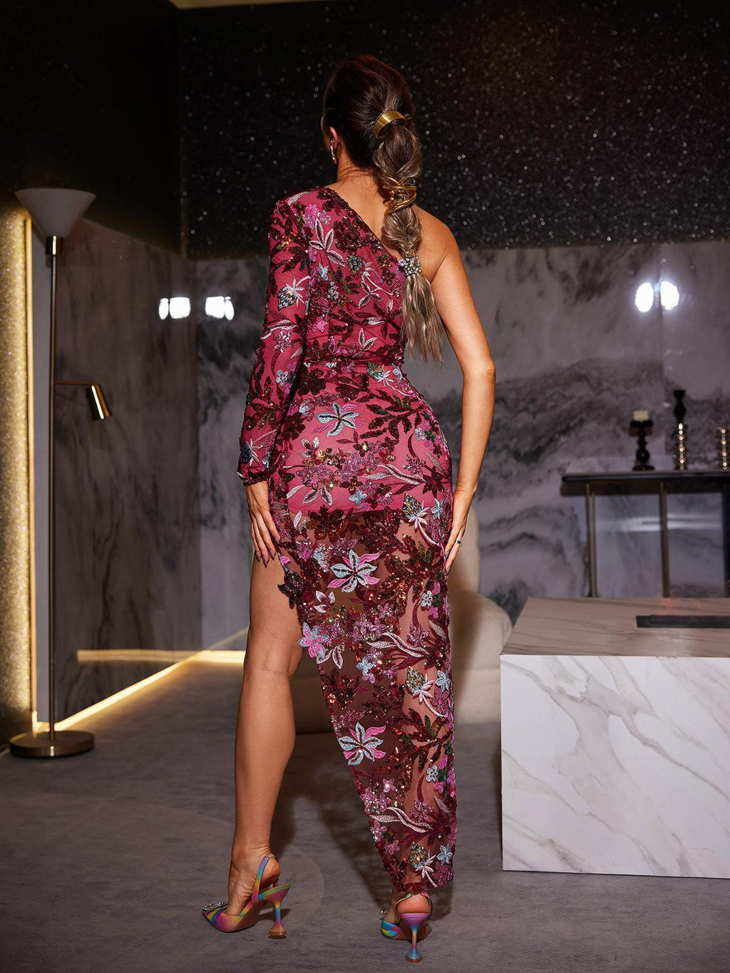 One Shoulder Long Sleeve Floral Sequin Mesh High Split Maxi Dress